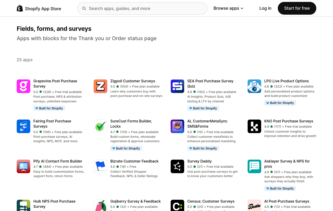 Shopify App Store collection titled Fields, forms, and surveys, listing 25 apps with blocks for the Thank you or Order status page, including several post-purchase survey apps