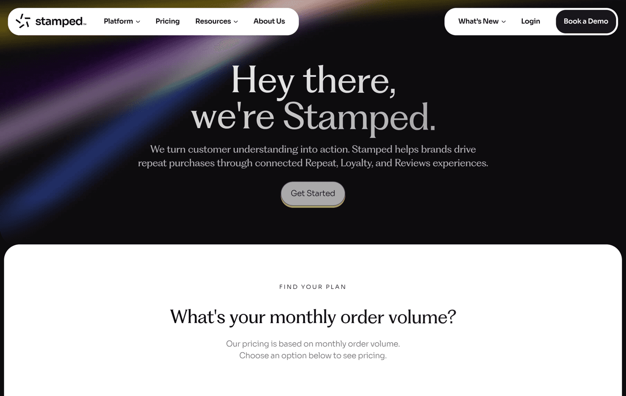 Stamped pricing page asking for your monthly order volume before it displays a plan price