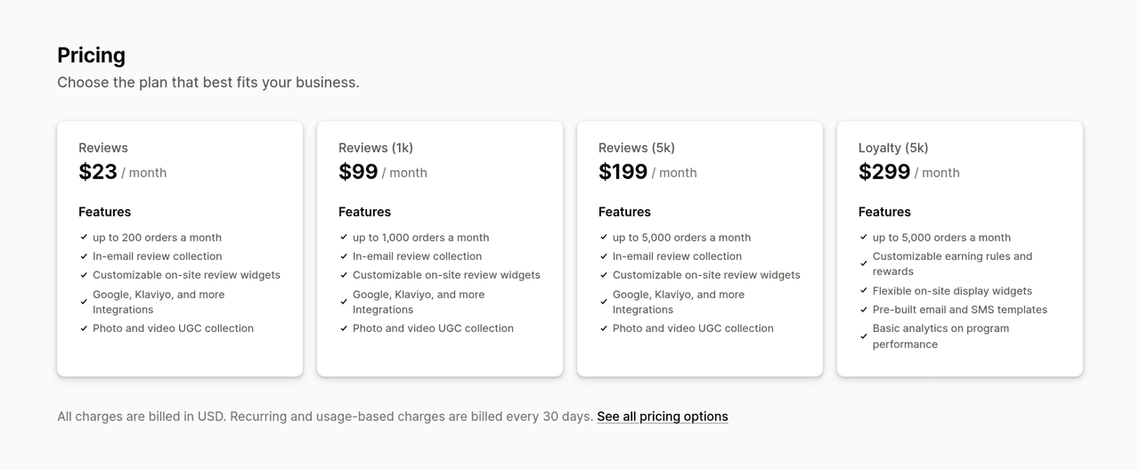 Stamped pricing section on the Shopify App Store showing Reviews at 23 dollars, Reviews 1k at 99 dollars, Reviews 5k at 199 dollars and Loyalty 5k at 299 dollars a month