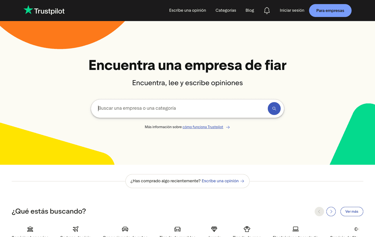 Trustpilot en español mostrando el buscador de empresas donde los consumidores leen y escriben opiniones