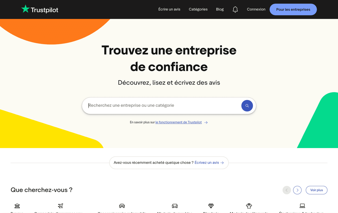 Page d'accueil de Trustpilot France avec la recherche d'entreprise et le slogan trouvez une entreprise de confiance