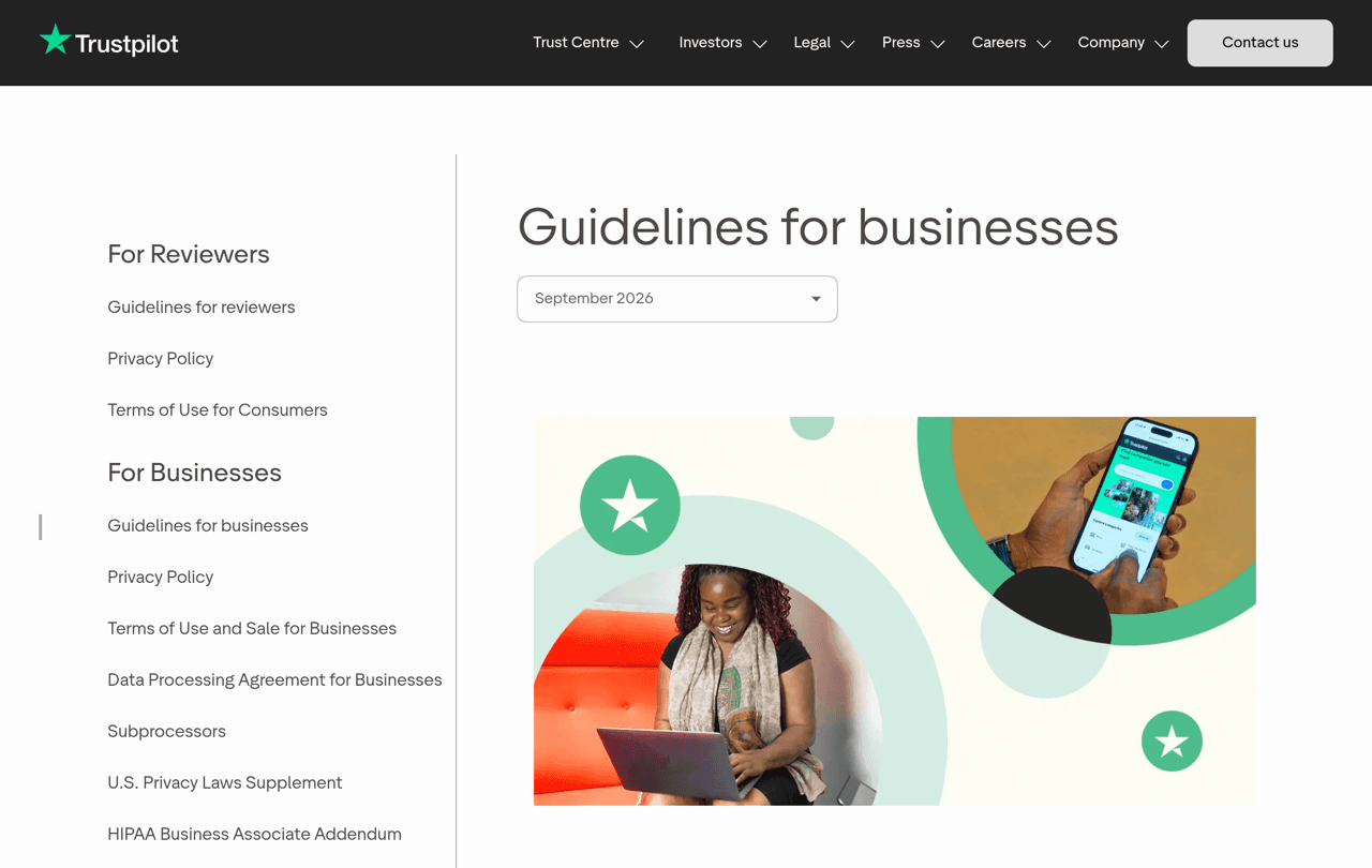 Trustpilot Guidelines for businesses page, the document that sets the rules for review invitations