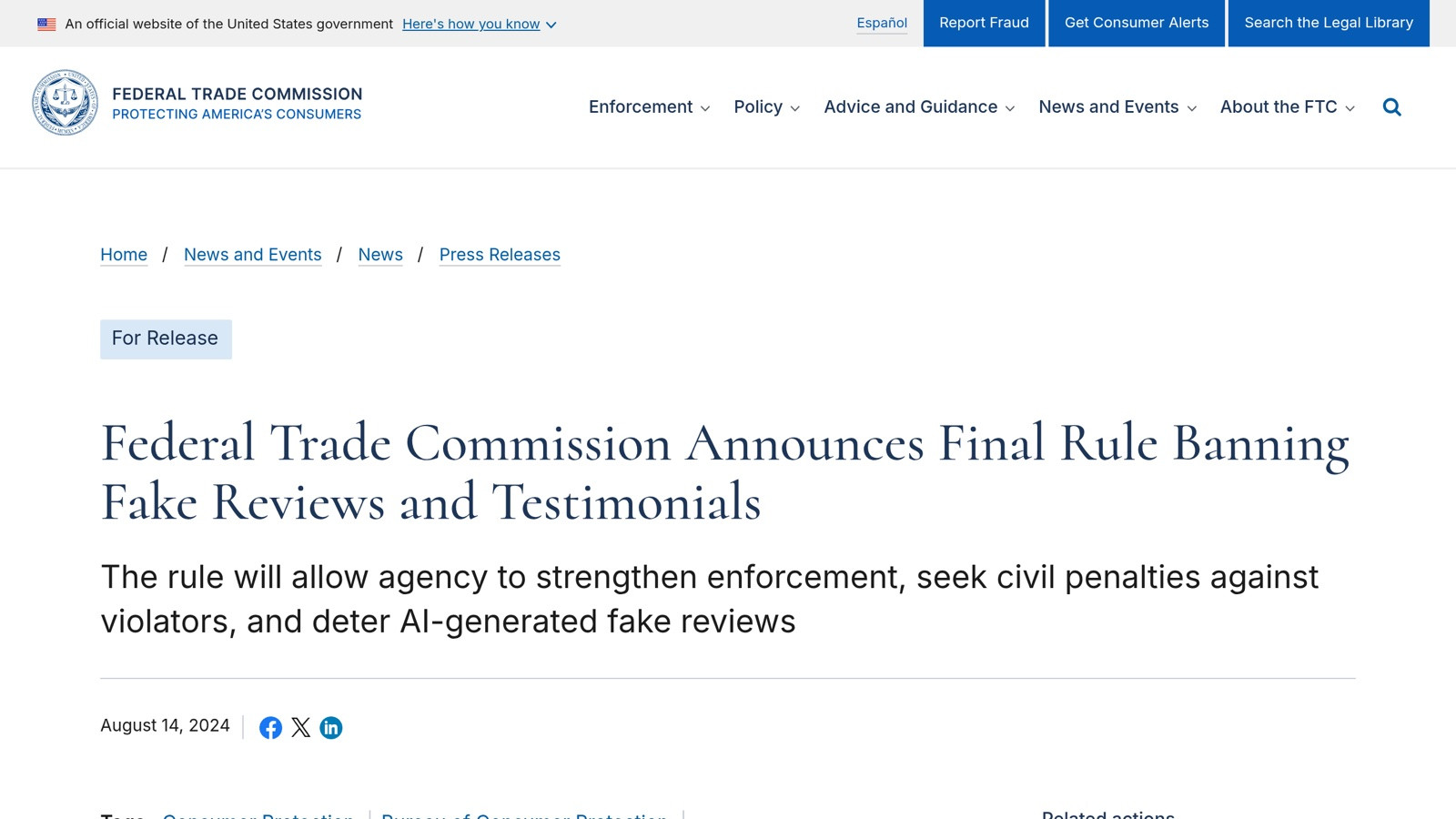 The FTC announcement of the final rule banning fake reviews and testimonials, with civil penalties up to 51,744 dollars per violation
