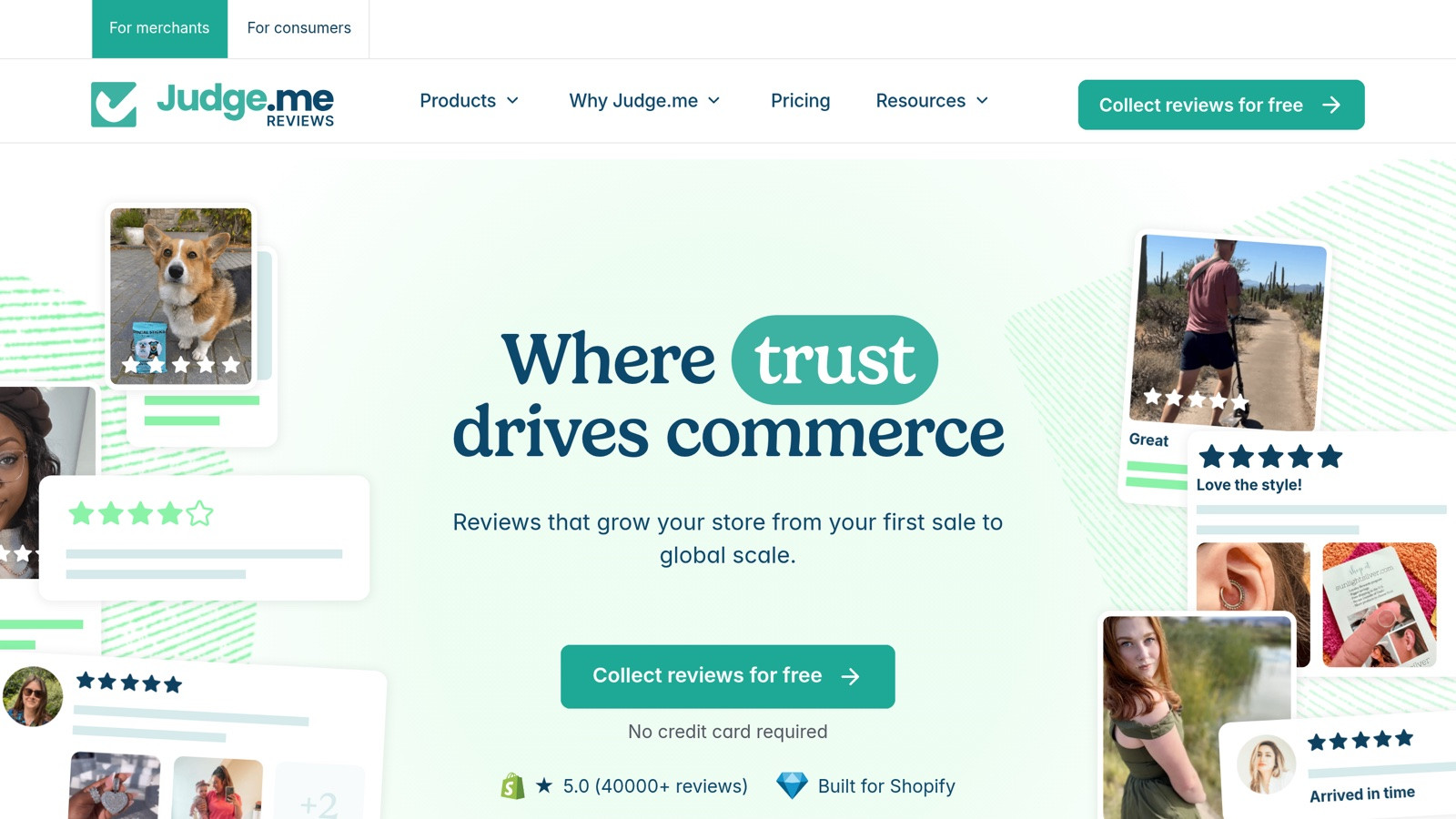 Judge.me homepage emphasizing its Shopify-native positioning and verified-purchase product reviews