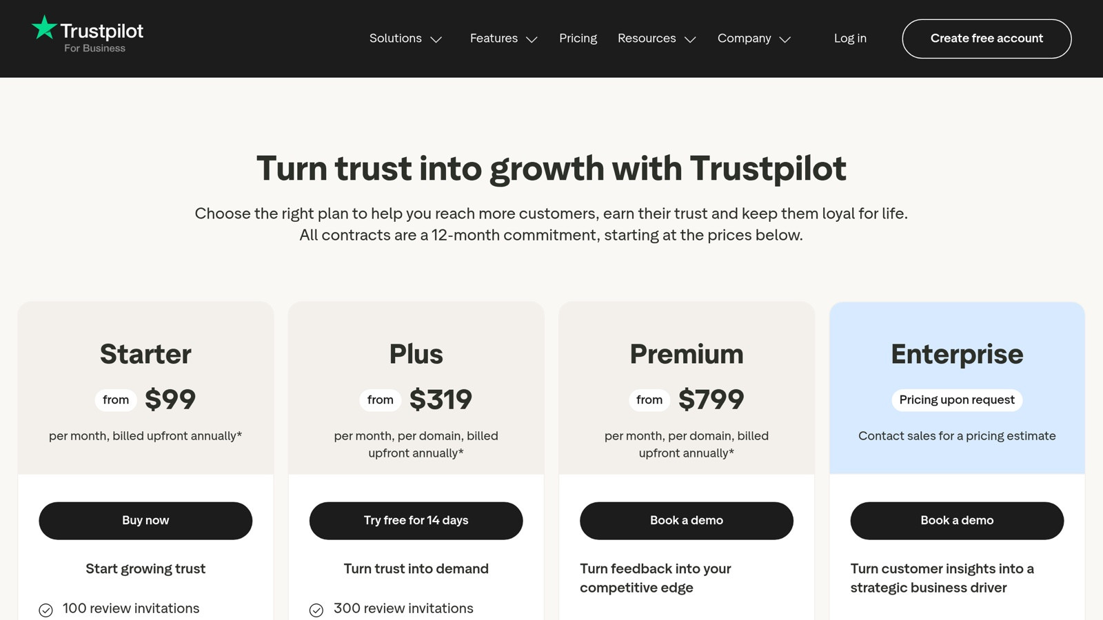 Trustpilot pricing tiers for Shopify merchants