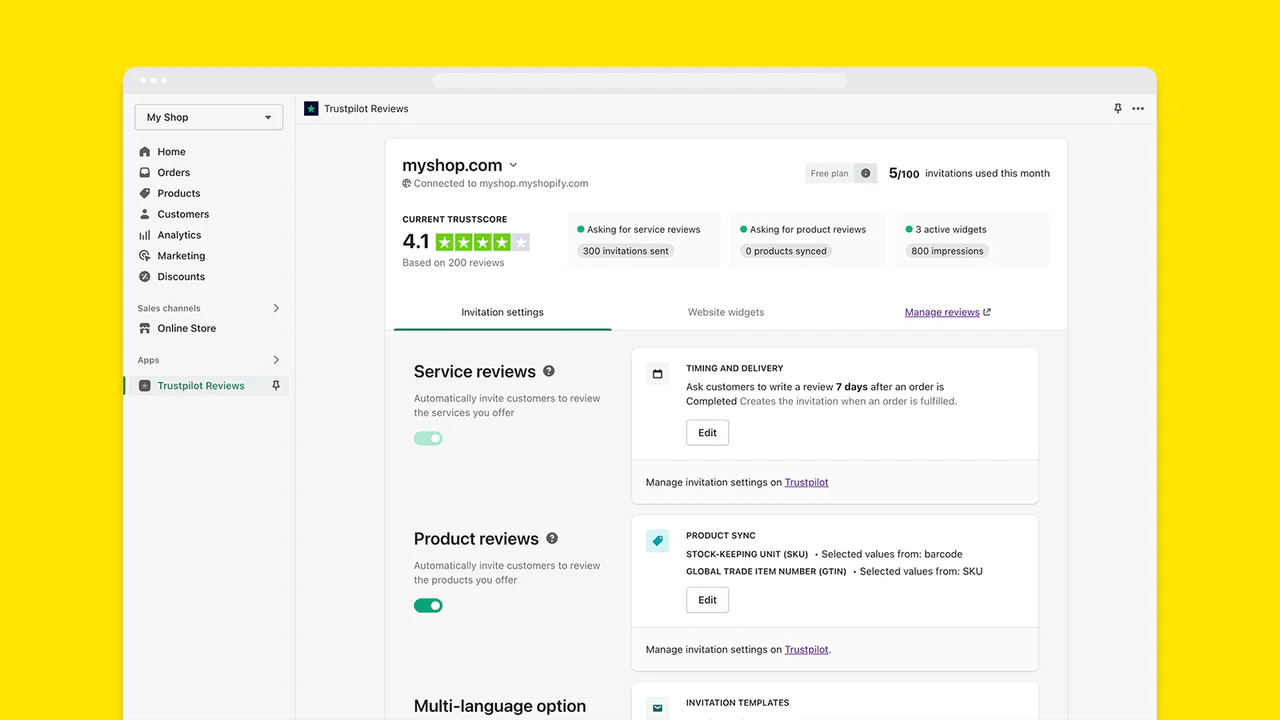 Trustpilot reviews displayed on a Shopify storefront via the embedded TrustBox widget on product pages