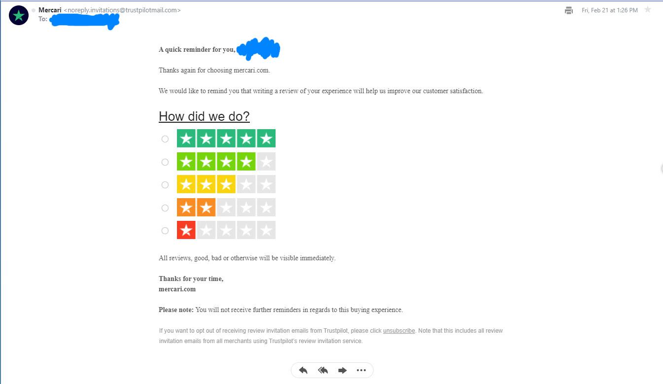 Example Trustpilot review invitation email sent to a Shopify customer after delivery with a one-click leave-a-review button