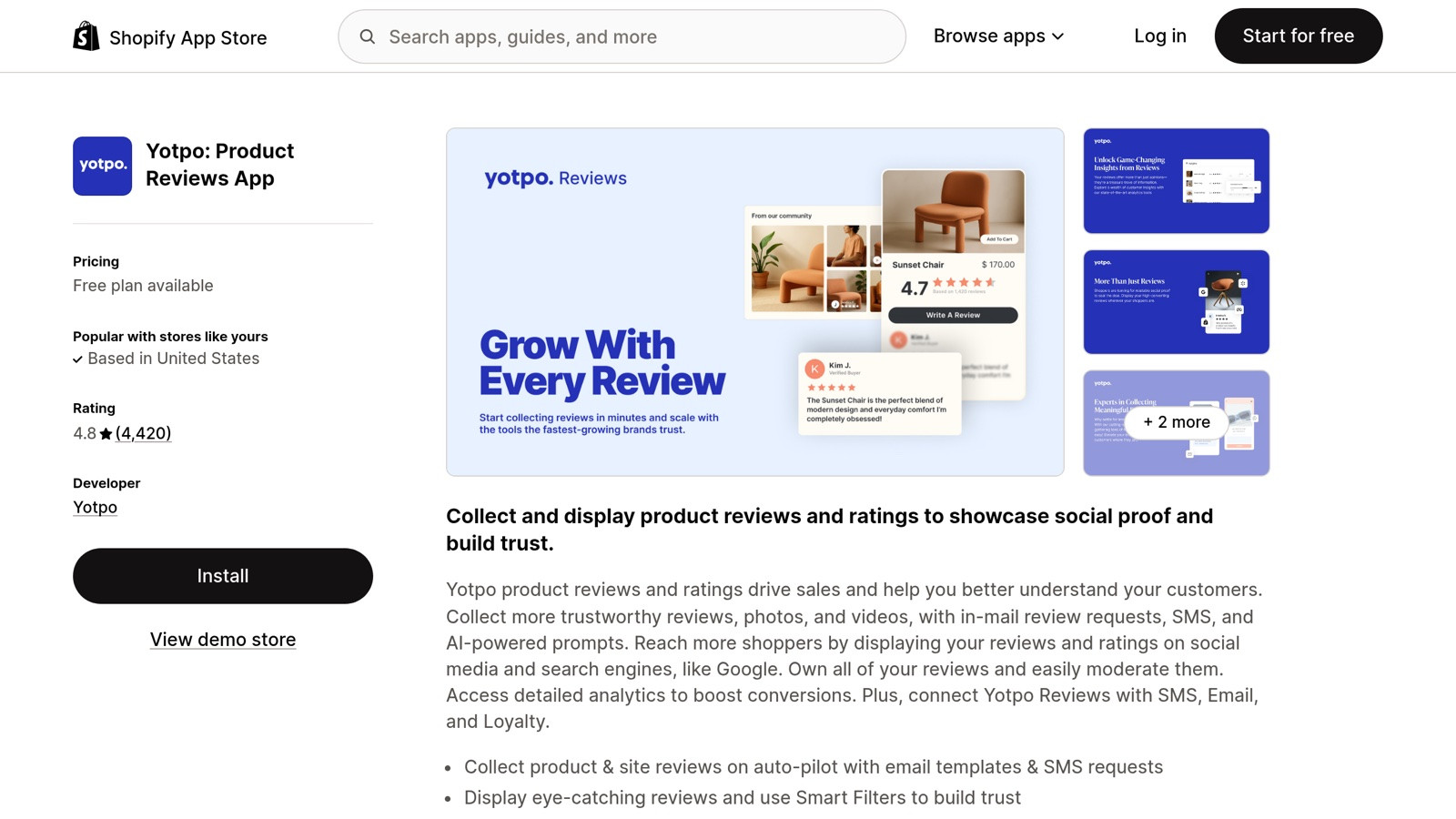 Yotpo on the Shopify App Store, bundled reviews + loyalty + SMS marketing, best for $5M+ ARR brands.
