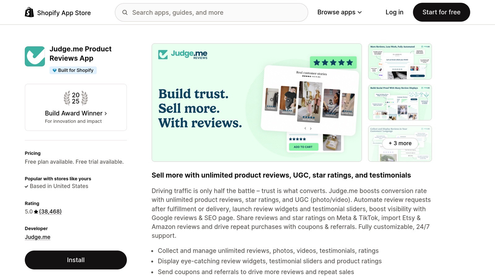 Judge.me on the Shopify App Store, 50,000+ active stores, the most-installed reviews app on Shopify.