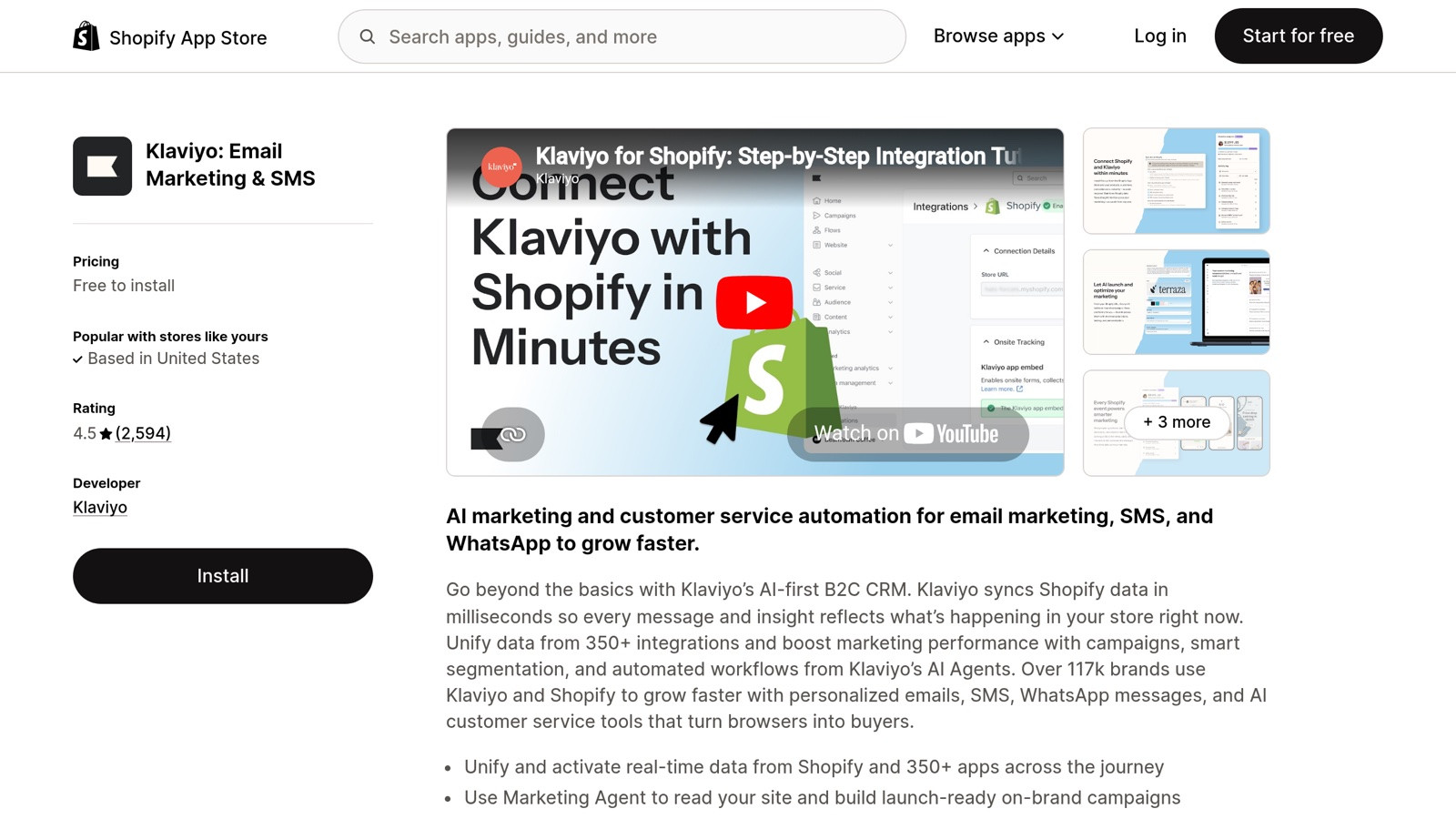 Klaviyo on the Shopify App Store, most-installed email/SMS platform, integrates natively with most review tools.