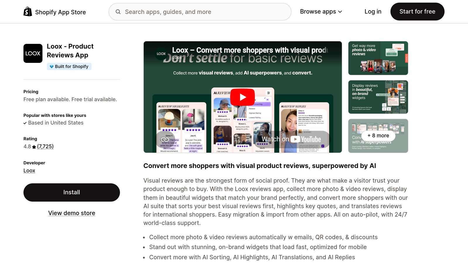 Loox on the Shopify App Store, photo and video review specialist with referral program built-in.