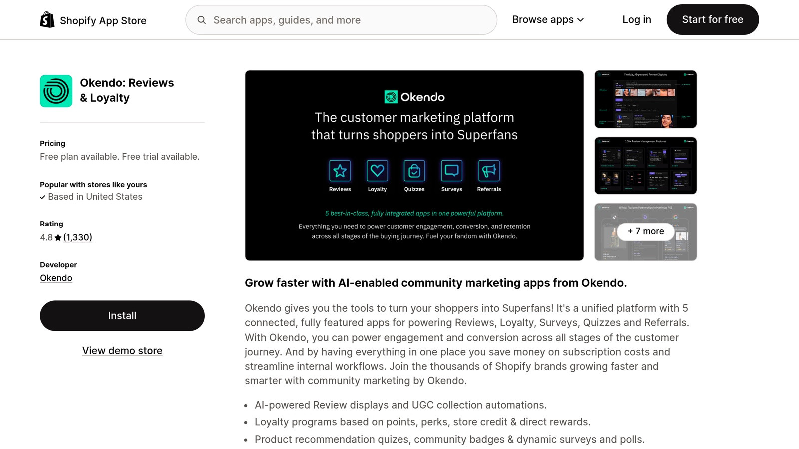 Okendo on the Shopify App Store, premium DTC choice combining reviews with UGC and content.