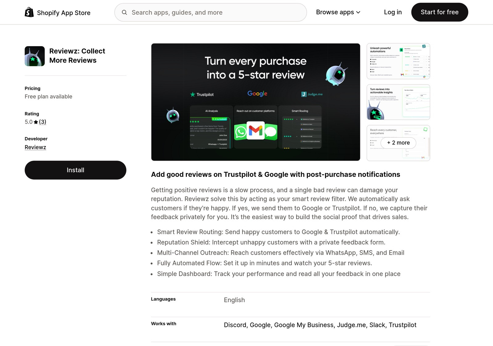 Reviewz.ai on the Shopify App Store, review collection app that routes happy customers to Trustpilot and Google and captures negative feedback privately